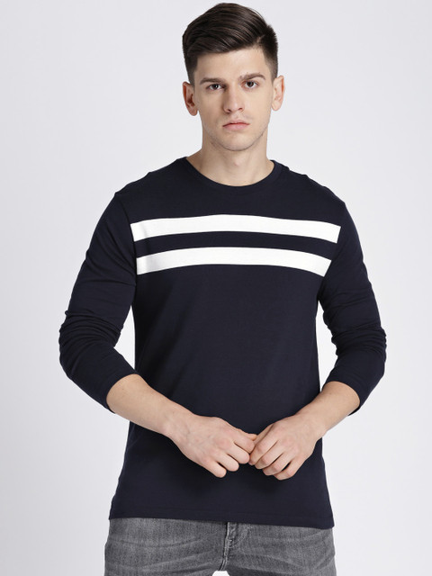 

GAP Men Navy Blue & White Striped Long Sleeve T-Shirt