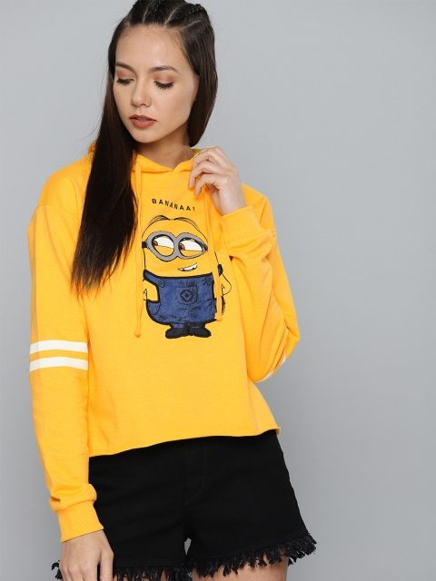 Women Yellow Printed Hooded Sweatshirt