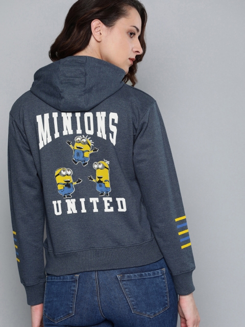 

Minions by Kook N Keech Women Navy Blue Melange Printed Hooded Sweatshirt