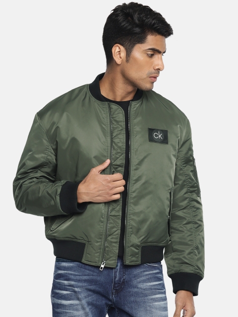 

Calvin Klein Jeans Men Olive Green Solid Water Resistant Bomber Jacket