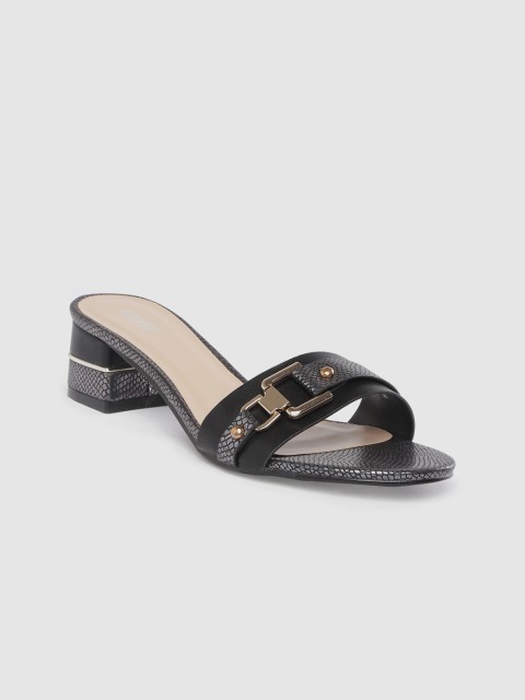 

Lavie Women Black & Gunmetal-Toned Snakeskin Textured Block Heels with Metallic Detail