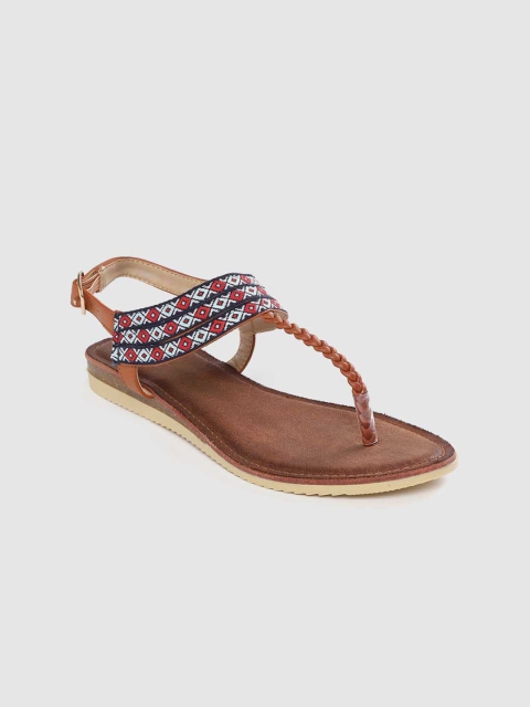 Women Brown & Red Woven Design T-Strap Flats