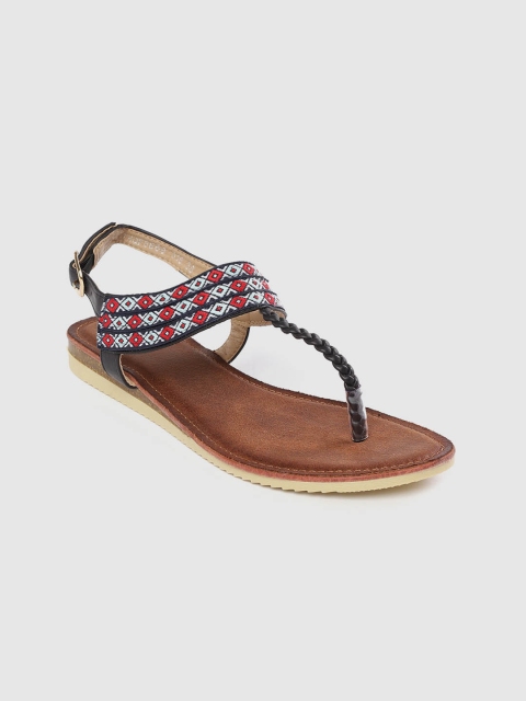 Women Black & Red Woven Design T-Strap Flats
