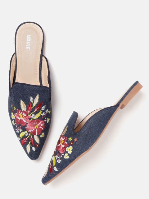 

Lavie Women Navy Blue & Maroon Floral Embroidered Denim Mules