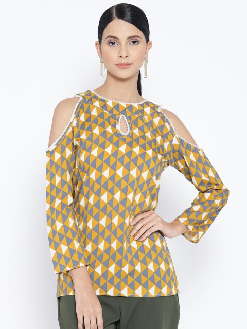

Karmic Vision Women Mustard Yellow & Grey Printed Cold-Shoulder Top