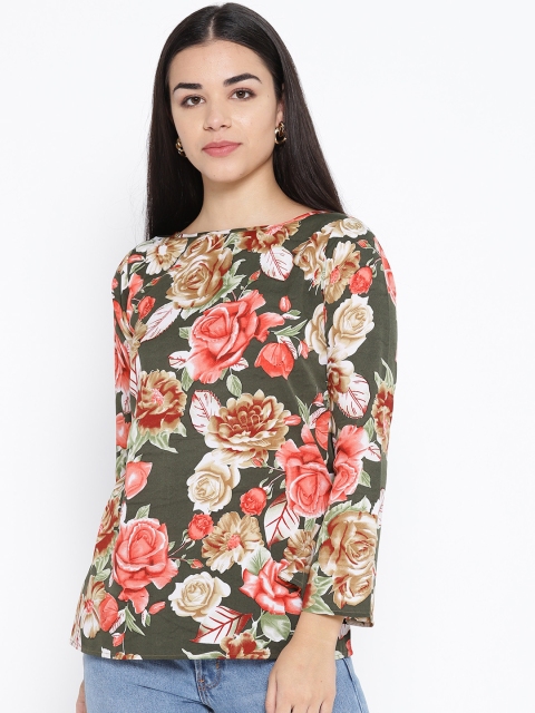 

Karmic Vision Women Olive Green & Peach-Coloured Printed Top