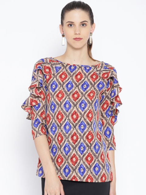 

Karmic Vision Women Beige & Blue Printed Top