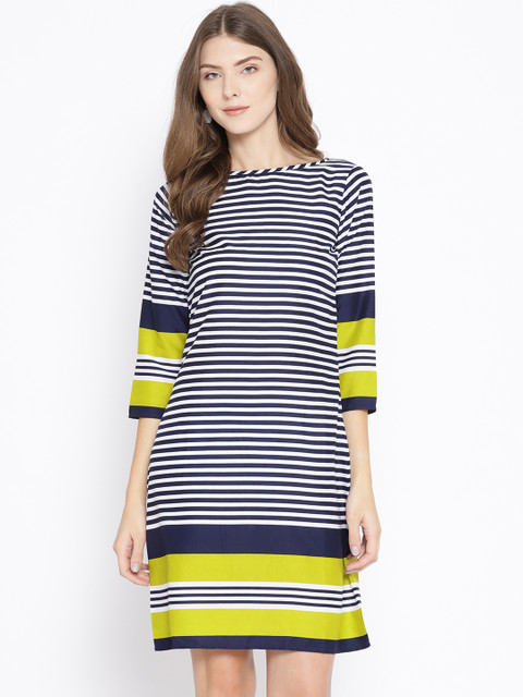 

Karmic Vision Women Navy Blue & White Striped A-Line Dress
