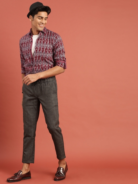 

Taavi Men Maroon & Grey Ikat Woven Design Regular Fit Casual Shirt with Roll-Up Sleeves