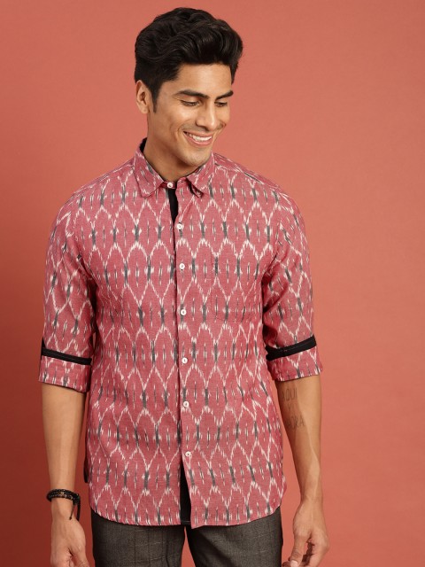 

Taavi Men Red & White Ikat Woven Design Regular Fit Casual Shirt with Roll-Up Sleeves