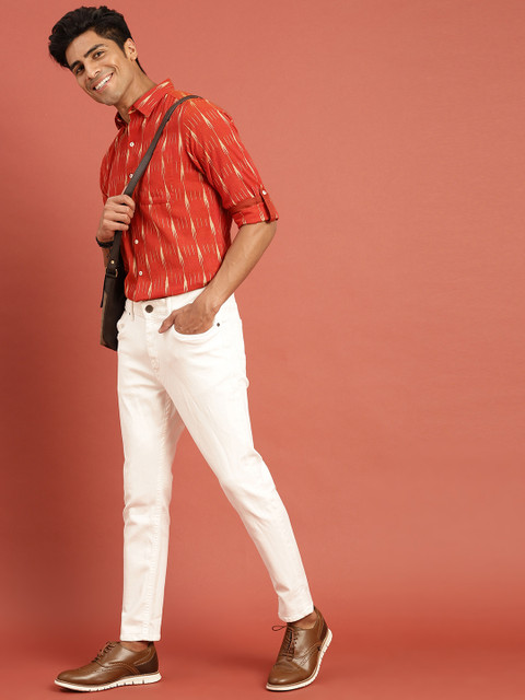 

Taavi Men Red Ikat Woven Design Regular Fit Casual Shirt with Roll-Up Sleeves, Orange