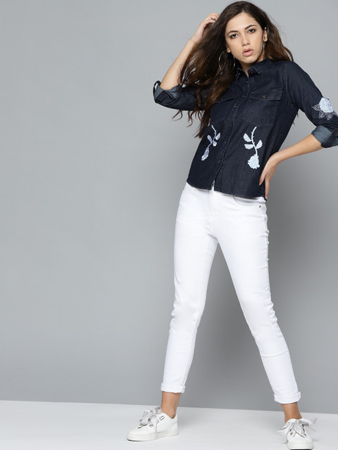 

Kook N Keech Women Navy Blue Chambray Regular Fit Solid Casual Shirt