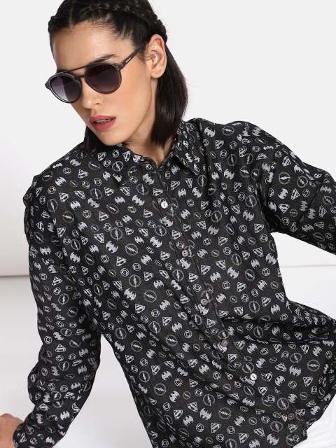 

Justice League Women Black & White Regular Fit Printed Chambray Casual Shirt