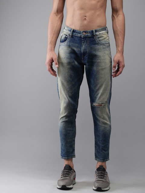 

HERE&NOW Men Blue Slim Tapered Fit Mid-Rise Slash Knee Stretchable Cropped Jeans