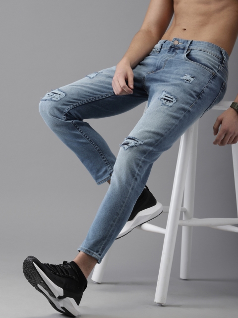 

HERE&NOW Men Blue Slim Tapered Fit Mid-Rise Highly Distressed Stretchable Cropped Jeans