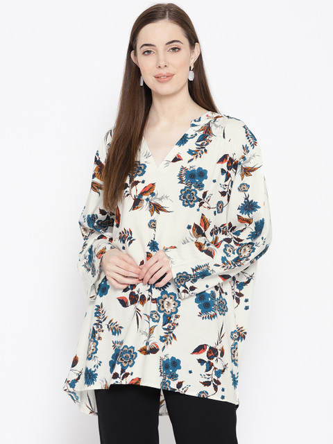

ANTS Women White & Teal Blue Floral Printed Longline Top