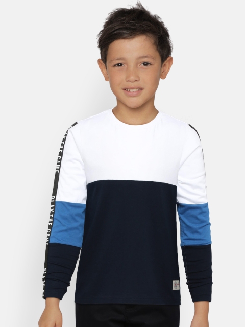 

Indian Terrain Boys White & Navy Blue Colourblocked Round Neck T-shirt