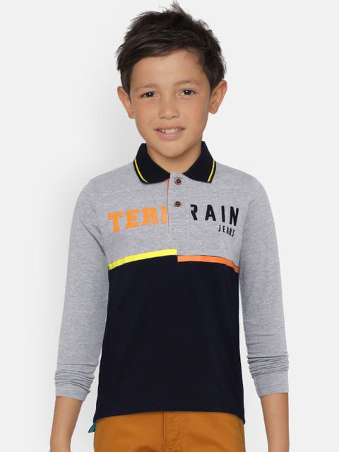 

Indian Terrain Boys Grey Melange & Black Printed Polo Collar T-shirt