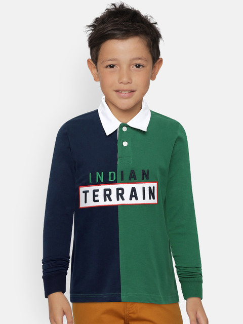 

Indian Terrain Boys Green & Navy Blue Colourblocked Polo Collar T-shirt