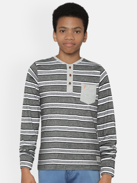 

Indian Terrain Boys Grey & White Striped Henley Neck T-shirt
