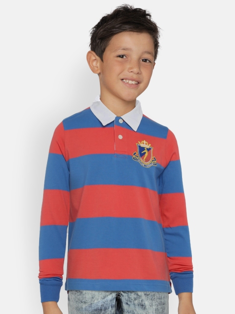 

Indian Terrain Boys Pink Blue Striped Polo Collar Pure Cotton T-shirt