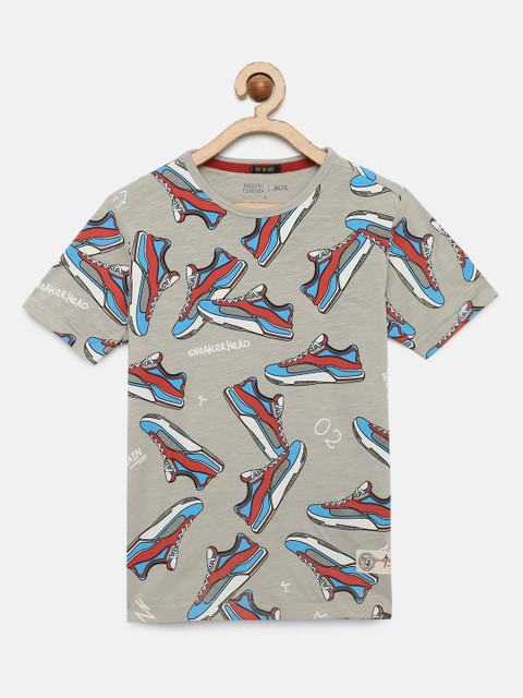 

Indian Terrain Boys Grey Printed Round Neck Pure Cotton T-shirt