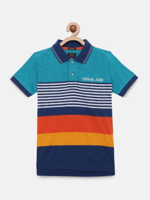 

Indian Terrain Boys Multicoloured Striped Polo Collar Pure Cotton T-shirt, Multi