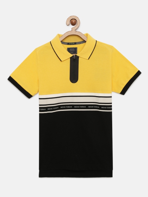 

Indian Terrain Boys Yellow Black Colourblocked Polo Collar Pure Cotton T-shirt