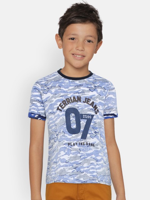 

Indian Terrain Boys Navy Blue White Camouflage Printed Round Neck Pure Cotton T-shirt