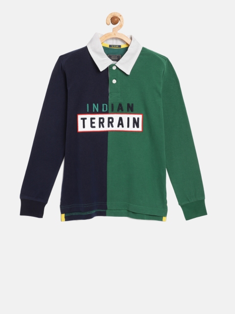 

Indian Terrain Boys Green & Navy Colourblocked Polo Collar T-shirt