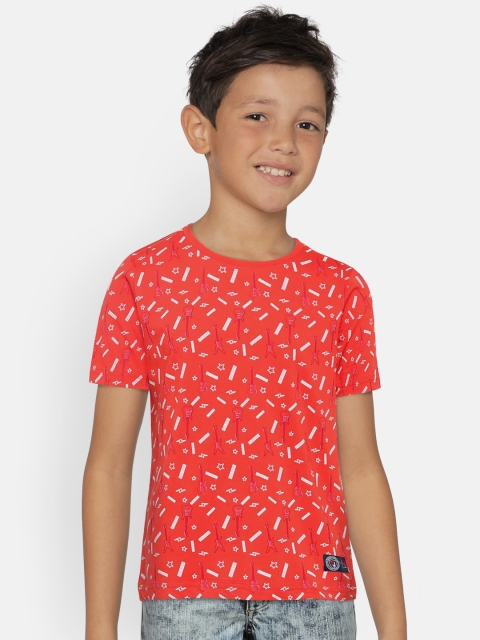 

Indian Terrain Boys Coral Pink Printed Round Neck T-shirt