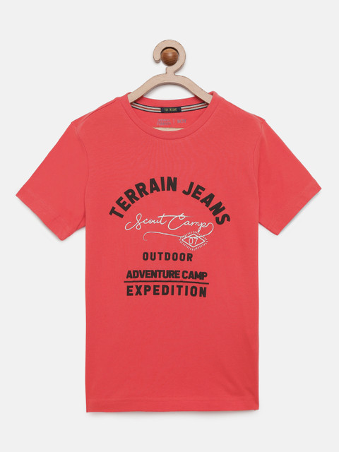 

Indian Terrain Boys Coral Orange Printed Round Neck T-shirt