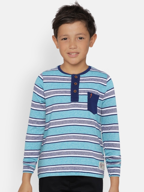 

Indian Terrain Boys Blue Striped Henley Neck Pure Cotton T-shirt