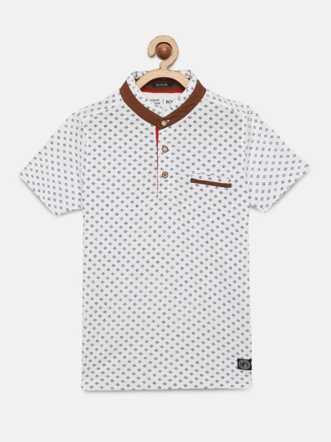 

Indian Terrain Boys White & Navy Blue Printed Mandarin Collar T-shirt