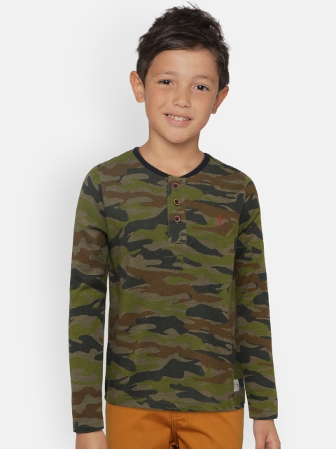 

Indian Terrain Boys Olive Green Printed Henley Neck T-shirt