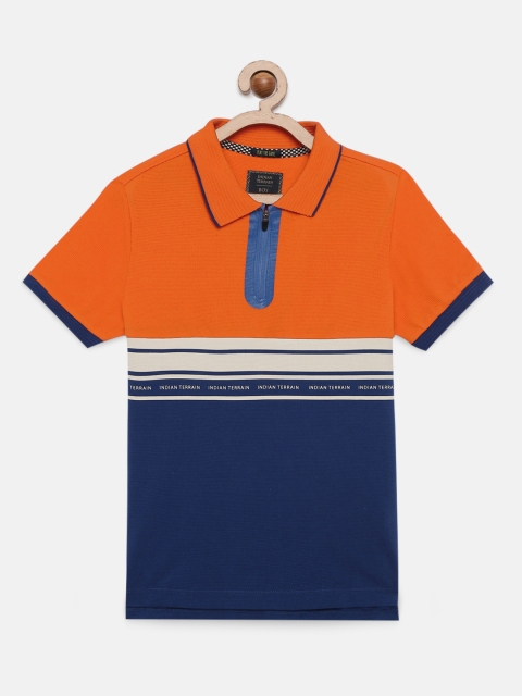 

Indian Terrain Boys Orange & Navy Blue Colourblocked Polo Collar T-shirt