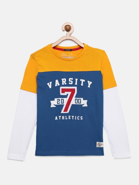 

Indian Terrain Boys Blue & Mustard Yellow Colourblocked Round Neck T-shirt