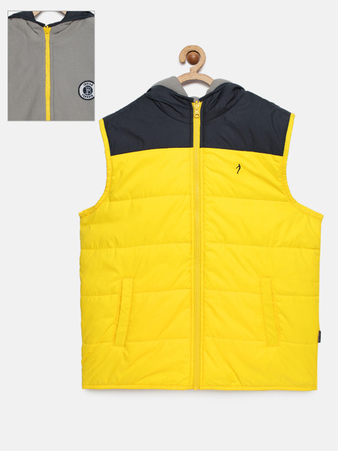

Indian Terrain Boys Yellow And Grey Colourblocked Reversible Quilted Jacket