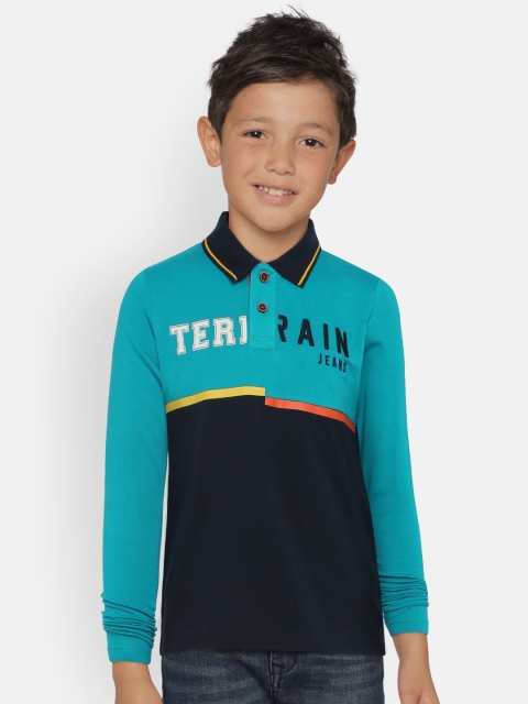 

Indian Terrain Boys Blue Black Printed Polo Collar Pure Cotton T-shirt