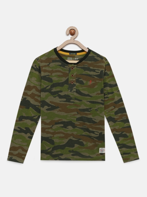 

Indian Terrain Boys Olive Green Camouflage Printed Henley Neck T-shirt