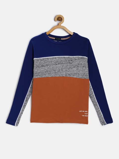 

Indian Terrain Boys Blue & Brown Colourblocked Round Neck T-shirt, Navy blue
