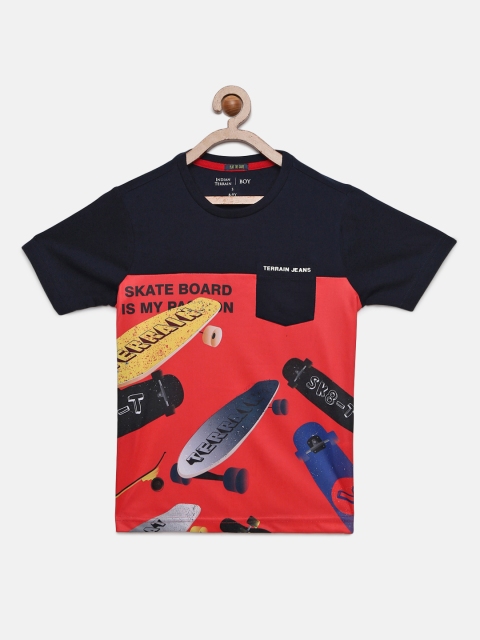 

Indian Terrain Boys Coral Pink & Navy Blue Printed Round Neck T-shirt