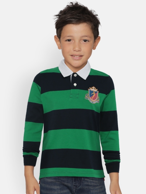 

Indian Terrain Boys Green & Navy Blue Striped Polo Collar Pure Cotton T-shirt