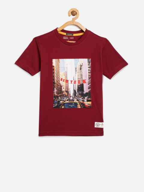 

Indian Terrain Boys Maroon Printed Round Neck T-shirt