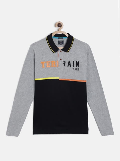 

Indian Terrain Boys Grey Melange & Black Color-blocked Polo Collar T-shirt