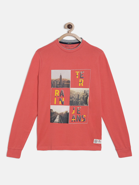 

Indian Terrain Boys Coral Pink Printed Round Neck T-shirt