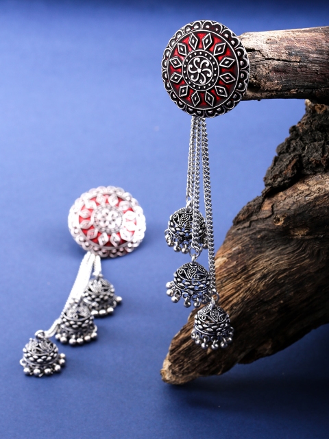 

Priyaasi Maroon Oxidized German Silver Contemporary Drop Earrings with Silver Plating