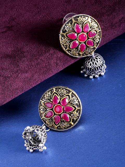 

Priyaasi Magenta German Silver Floral Jhumkas with Antique Gold-Plating