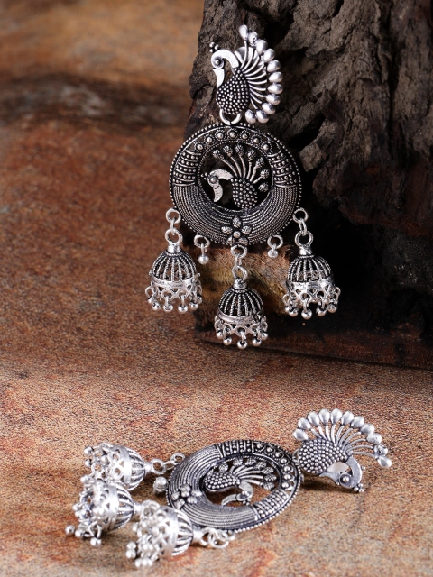 

Priyaasi Oxidised German Silver Peacock-Shaped Drop Earrings with Silver Plating