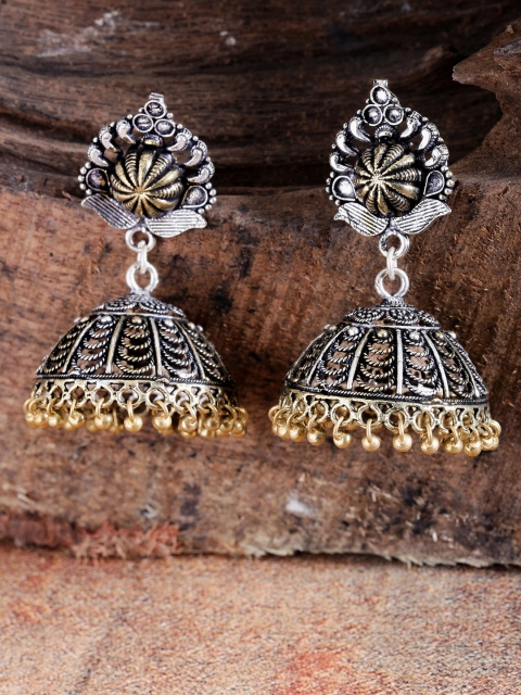 

Priyaasi Silver-Toned & Gold-Toned German Silver Oxidised Jhumkas with Silver Plating